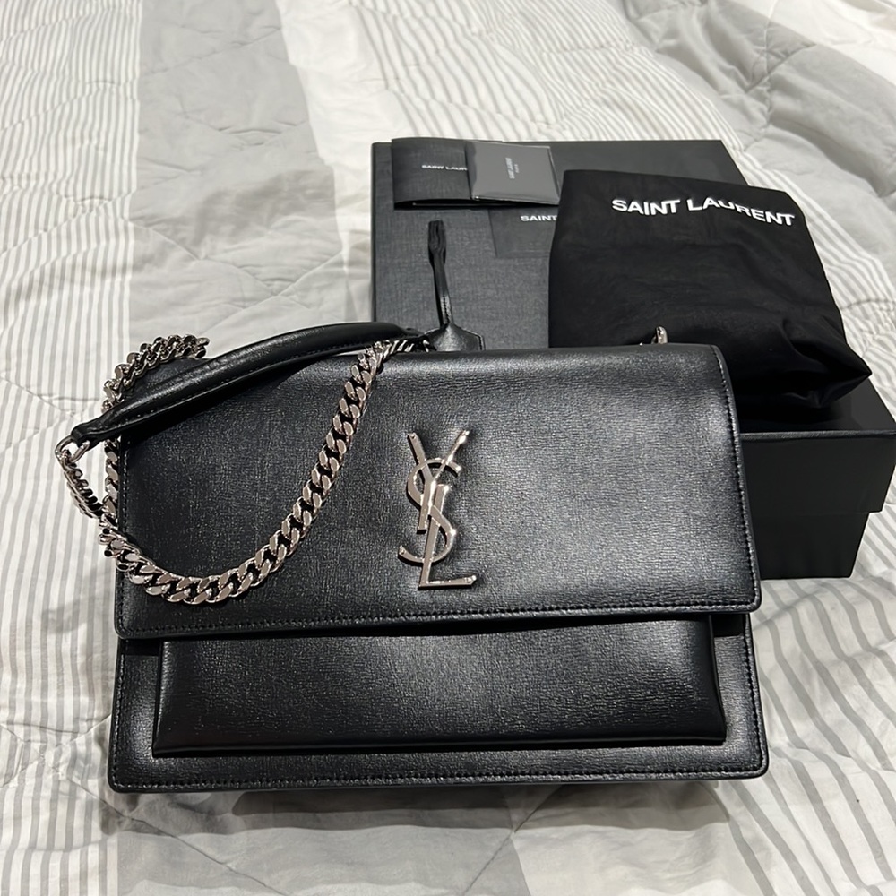 Saint Laurent Black Leather Shoulder Bag with Silver-Tone YSL Chain